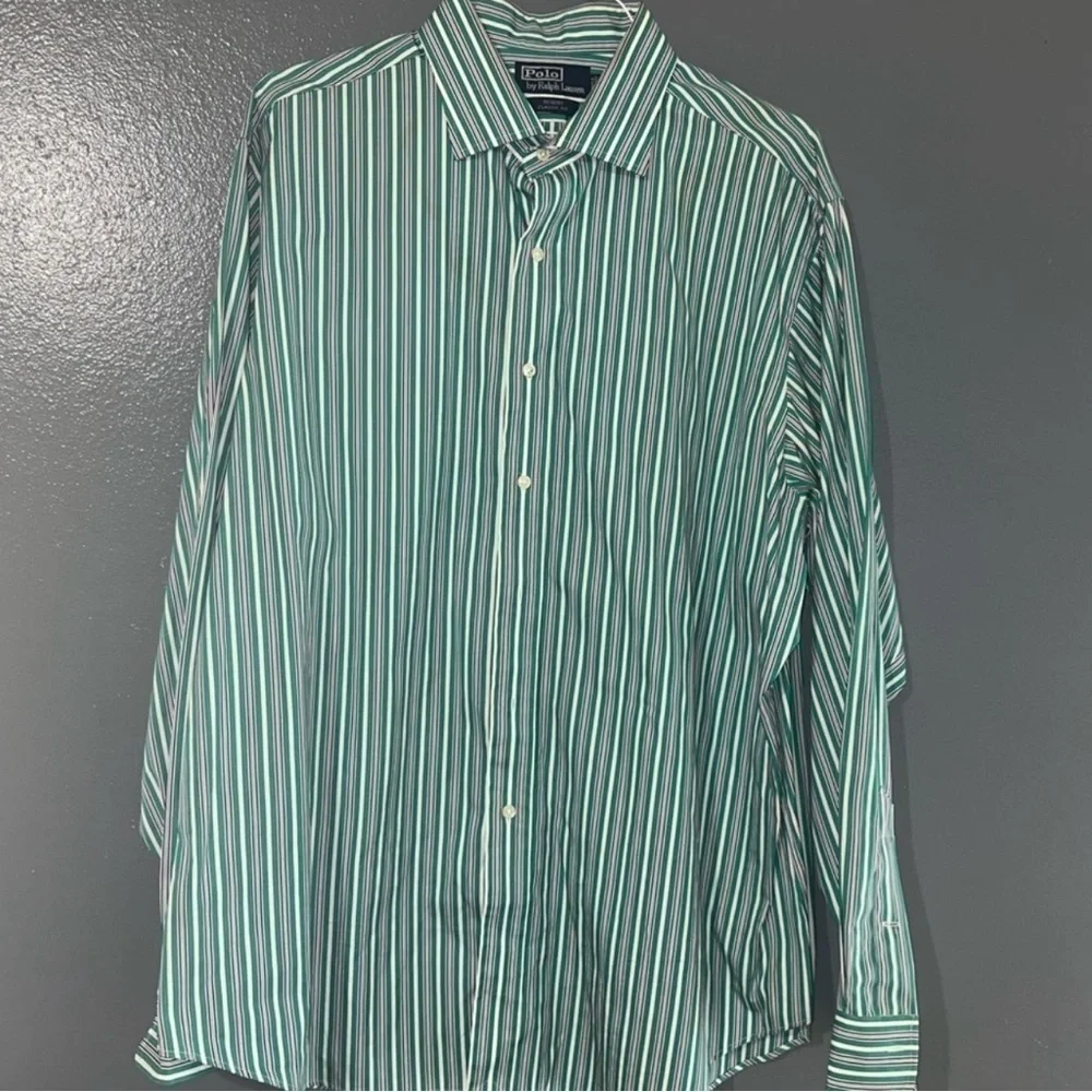 Ralph Lauren Polo Long Sleeve Button XL Regent Classic Fit Collard Green Striped